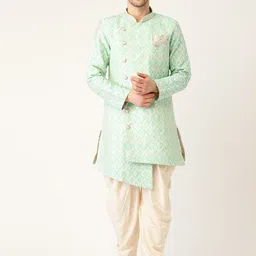 Manyavar Men Green & Off-White Jacquard Angrakha Kurta with Patiala-picture-12