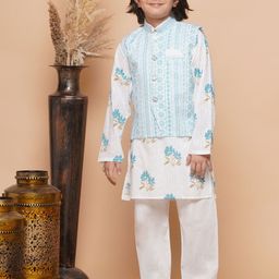 Aj DEZInES Boys Floral Printed Zari Pure Cotton Kurta with Pyjamas & Nehru Jacket-picture-0