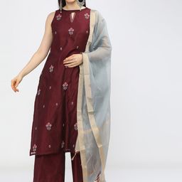 Vishudh Women Maroon Floral Embroidered Regular Kurta with Palazzos-picture-32