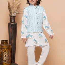Aj DEZInES Boys Floral Printed Zari Pure Cotton Kurta with Pyjamas & Nehru Jacket image 3
