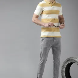 Roadster Men Mustard Yellow & Off White Pure Cotton Striped Polo Collar T-shirt image 2