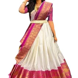 renvaani fashion Women's Indian Traditional Unstitched Kanjivaram Silk Zari Lehenga Choli Along With Dupatta Attach With Unstitch Blouse Piece, Half Saree (LAHENGA KH142 ROSE OFF WHITE RAMA PURPLE) image 1