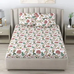 DREAM WEAVERZ White & Pink Anokhi Pure Cotton 220 TC Double Bedsheet with 2 Pillow Covers image 5