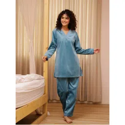 SAY Women Solid Blue V-Neck Winter Wear Night Suit (Set of 2)-image-37