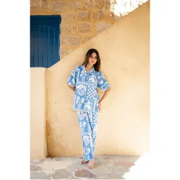 SAY Women Blue Pure Cotton Shirt with Pyjama (Set of 2)-image-34