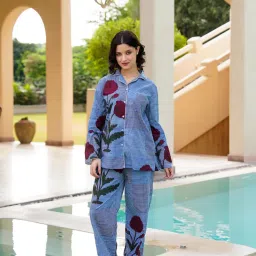 SAY Blue Pure Cotton Collar Neck Shirt & Pyjama-image-23