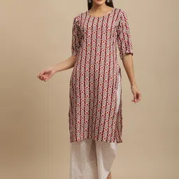 7threads KALINI Women Red & Maroon Ethnic Motifs Printed Handloom Crepe Kurta image 2