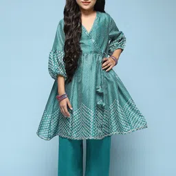 Biba Girls Bandhani Printed Mirror Work Angrakha Anarkali Kurta With Palazzos-picture-15