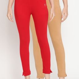 TAG 7 Women Set of 2 Red & Beige Ankle Length Leggings-picture-12