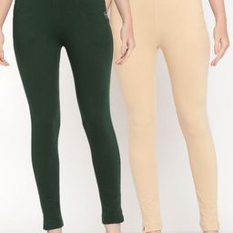TAG 7 Set Of 2 Green & Beige Solid Leggings-picture-8