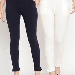 TAG 7 Women Set of 2 Navy Blue & Off White Ankle Length Leggings-picture-4