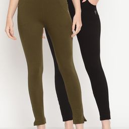 TAG 7 Women Olive Green & Black Pack of 2 Straight Fit Ankle-Length Leggings-picture-7