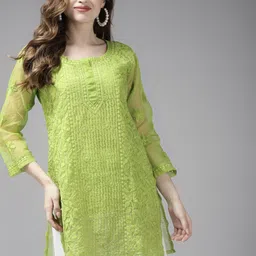 ADA Green Ethnic Motifs Embroidered Chikankari Kurti With Matching Slip image 4