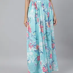 SCORPIUS Women Blue & Pink Printed Flared Maxi Skirt-picture-1