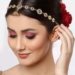 Sanjog Gold-Plated Pink & White Kundan-Studded Borla Matha Patti Sheeshphool-picture-50