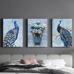 Art Street Green & Blue 3 Pieces Beautiful Peacock & Flower Painting Wall Arts-picture-29