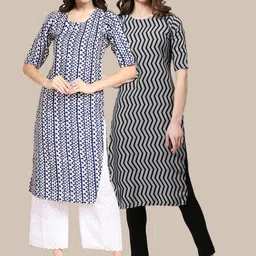 7threads KALINI Women Pack Of 2 Blue & Grey Geometric Printed Crepe Kurta image 1