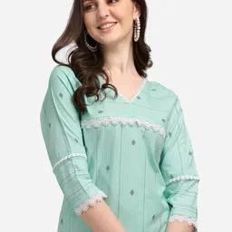 KALINI Women Green Ethnic Motifs Embroidered Empire Kurti with Palazzos With Dupatta image 2