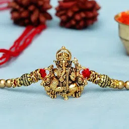 eCraftIndia Gold-Toned & Red Designer Ganesha Rakhi-picture-45