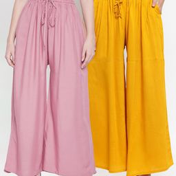 Clora Creation Women Pack Of 2 Pink & Yellow Flared Knitted Palazzos-picture-36