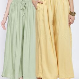 Clora Creation Women Pack Of 2 Green & Yellow Solid Flared Palazzo-picture-41