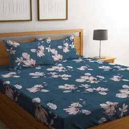 KLOTTHE Blue Floral 300 TC Cotton Blend Double Bedsheet Set-image-27