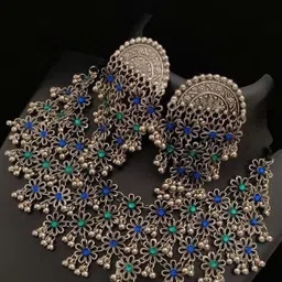 Oxidized Heaven Sterling Silver-Plated Oxidised Stone Studded Jewellery Set image 1