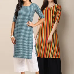 7threads 1 Stop Fashion Women Pack of 2 Blue & Multicoloured Geometric Striped Crepe Kurta image 1