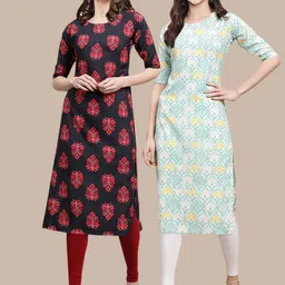 7threads 1 Stop Fashion Women Pack of 2 Black & Blue Printed Crepe Straight Kurta image 1