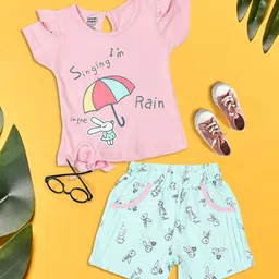 MeeMee Girls Set of 2 Pink Printed Cotton T-shirt with Shorts-picture-52