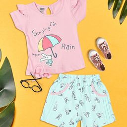 MeeMee Girls Pink & Blue Printed T-shirt with Shorts-picture-21