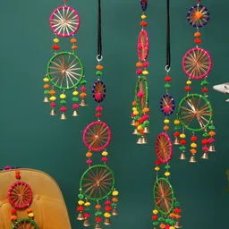 Akaar Green & Pink 2 Pieces Fabric Hangings With Bell Wall Decor-picture-16