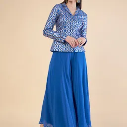 ADORNIA Woven Design Lapel Collar Jacket and Organza Palazzo-image-23