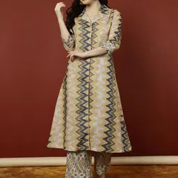 Jaipur Kurti Geometric Printed Cuban Collar Regular A-Line Kurta With Palazzos-picture-32