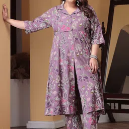 Little More By Stylum Plus Size Floral Printed Cuban Collar Empire A-Line Kurta & Trousers-picture-17