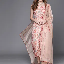 Inddus Women Off White Floral Printed Regular Kurta with Trousers & With Dupatta image 5