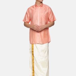 Sethukrishna Men Peach & Off White Shirt With Dhoti Pants-picture-8