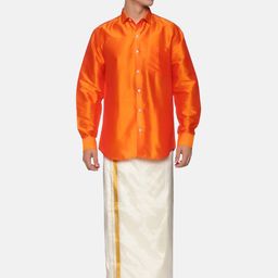 Sethukrishna Men Orange & Off White Shirt With Dhoti Pants-picture-21