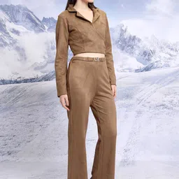 Tokyo Talkies Notched Lapel Collar Suede Crop Top With Trousers image 4