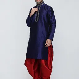 ROYAL KURTA Men Blue Floral Embroidered Dupion Silk Kurta with Pyjamas image 5