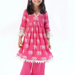 LIL DRAMA Girls Animal Printed V-Neck Anarkali Kurta with Trousers-picture-44
