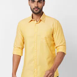 Parx Yellow Slim Fit Opaque Pure Cotton Cutaway Collar Casual Shirt-image-80