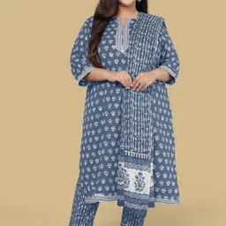 Mirchi Fashion Ethnic Motifs Printed Pure Cotton Kurti with Trousers & Dupatta Plus Size image 1