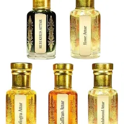 MARUTI NATURAL FRAGRANCES Attar Combo Pack Of 5-12 ml Each Roll-On Perfume - Pure, Natural, Undiluted & Luxurious Scents Unisex - Rose, Ruhkhus, Sandal, Mogra, Zaffran - Fresh & Refreshing Gift Set image 1
