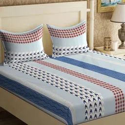 KLOTTHE Blue & Brown Striped 300TC Double King Bedsheet & 2 Pillow Covers-picture-34