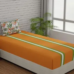 Huesland Comfort Orange & Green Striped 144 TC Cotton Single Bedsheet & 1 Pillow Cover image 1