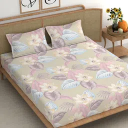 CHHAVI INDIA Peach & Pink Floral Cotton 210 TC King Bedsheet With 2 Pillow Covers image 1