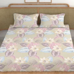 CHHAVI INDIA Peach & Pink Floral Cotton 210 TC King Bedsheet With 2 Pillow Covers image 2