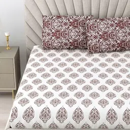 Salona Bichona Brown & White Ethnic Motifs 180 TC King Bedsheet with 2 Pillow Covers image 3