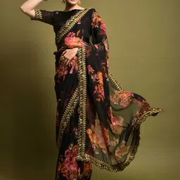 Mitera Floral Printed Embroidered Sequinned Saree-image-59